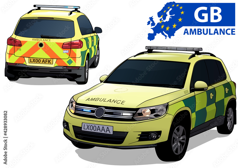 British Ambulance Car in Two Views Isolated on White Background - Colored Illustration, Vector British Ambulance Car in Two Views Isolated on White Background - Colored Illustration, Vector