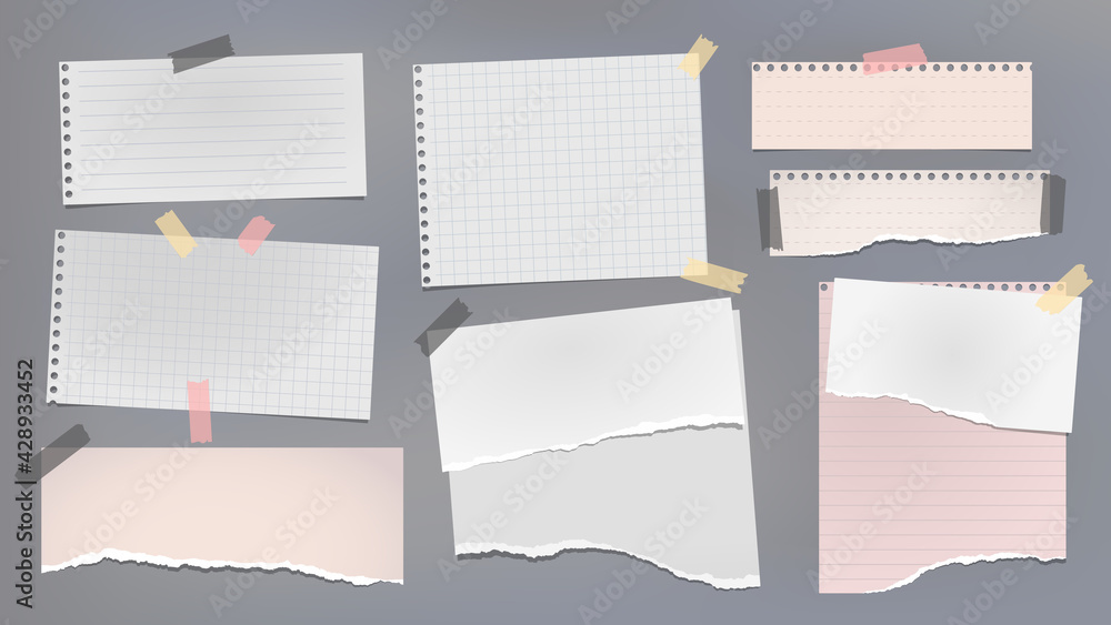 Torn of white and pink notebook paper pieces stuck with sticky tape on dark grey background for text, advertising or design. Vector illustration