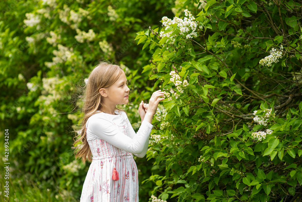 Happy girl in a white dress in lilac flowers in spring, selective focus