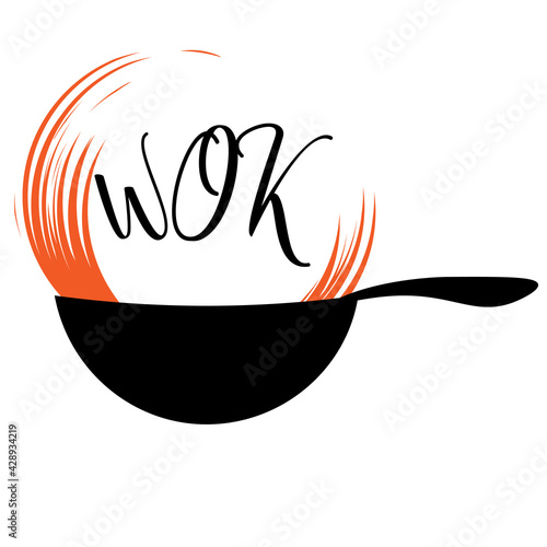 wok food logo with lettering and oil splash