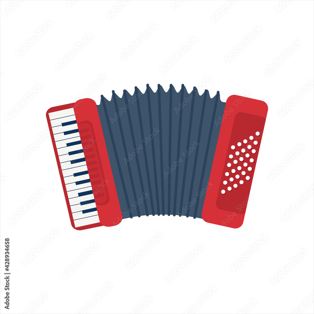 Chromatic Button Accordions or Russian Bayan. Flat Diatonic Melodeon or Piano Accordion. Cartoon blue and red color Harmonic or Jews-harp. Folk Ethnic Musical Instruments isolated on white. Chromatic Button Accordions or Russian Bayan. Flat Diatonic Melodeon or Piano Accordion. Cartoon blue and red color Harmonic or Jews-harp. Folk Ethnic Musical Instruments isolated on white.