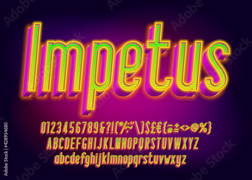 Impetus alphabet font. 3D effect glowing letters, numbers and punctuations. Uppercase and lowercase. Retro-futuristic vector typescript for your typography design.