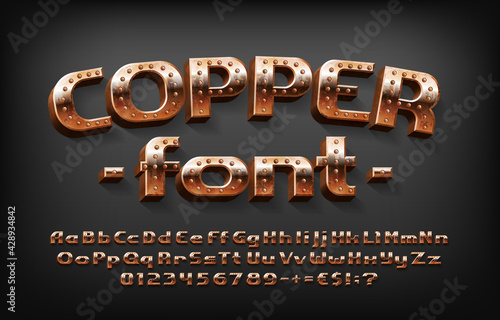 Copper alphabet font. Messy steampunk 3D letters, numbers and symbols. Uppercase and lowercase. Stock vector typescript for your design.