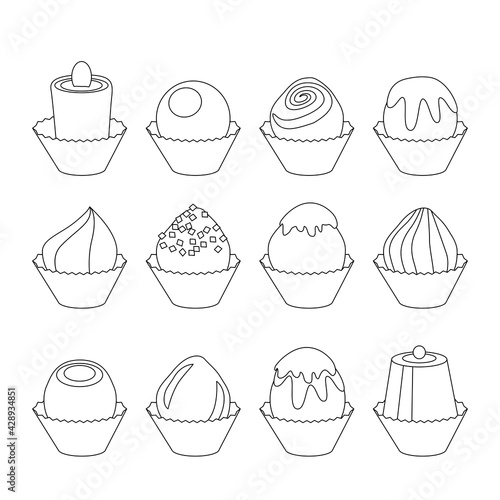 Black and white set with chocolate sweets. Illustration can be used for coloring book and pictures for children.