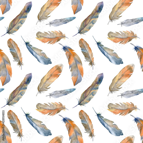 Watercolor seamless pattern with bird feathers in boho style, elements are arranged on a white background. Background for scrapbooking, design of wrapping paper, fabric, textile.