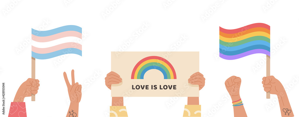 A crowd of people hold transgender and gay flags, placard with lgbt ...