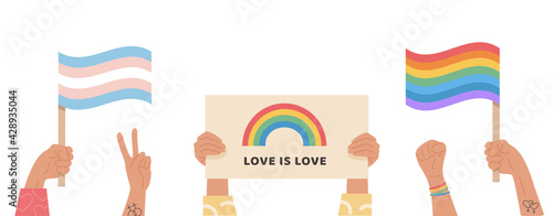 A crowd of people hold transgender and gay flags, placard with lgbt rainbow, signs during pride month celebration. Hands with symbols for LGTBQ parade. Vector illustration isolated on white background
