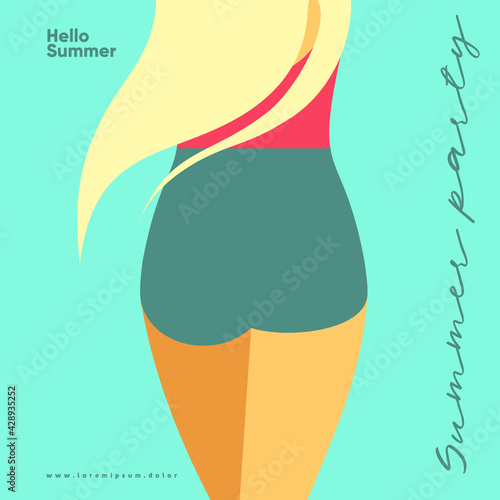 The girl in the back. Summer. Flat vector illustration. Summer time, background patterns on the theme of summer, vacation, weekend, beach. Perfect background for posters, cover art, flyer, banner.