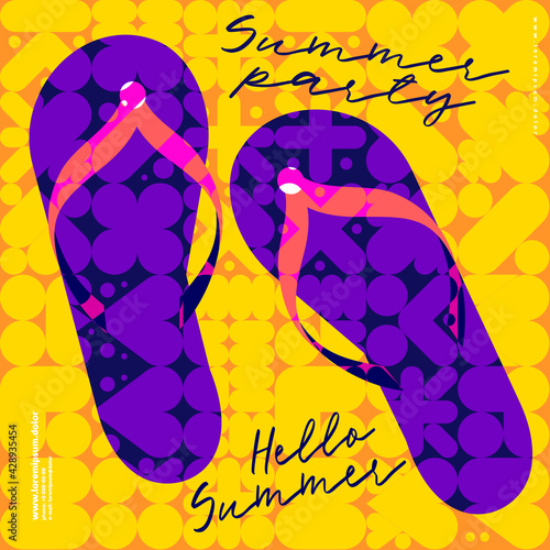 Slippers. Summer. Flat vector illustration. Summer time, background patterns on the theme of summer, vacation, weekend, beach. Perfect background for posters, cover art, flyer, banner.