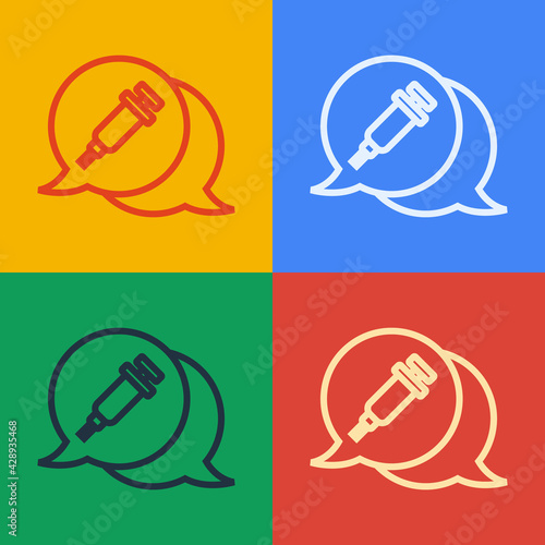 Pop art line Addiction to the drug icon isolated on color background. Heroin, narcotic, addiction, illegal. Sick junkie with a syringe and medical pills. Vector