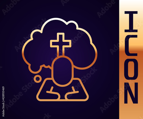 Gold line Man graves funeral sorrow icon isolated on black background. The emotion of grief, sadness, sorrow, death. Vector