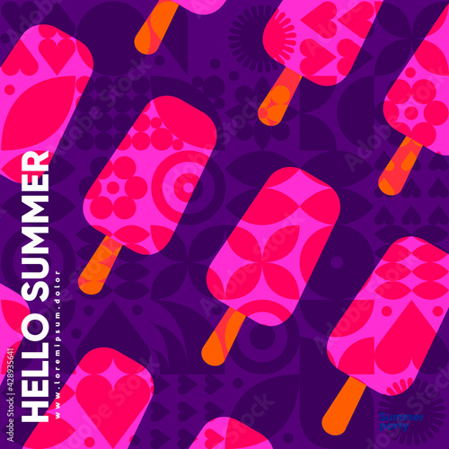 Ice cream. Summer. Flat vector illustration. Summer time, background patterns on the theme of summer, vacation, weekend, beach. Perfect background for posters, cover art, flyer, banner.