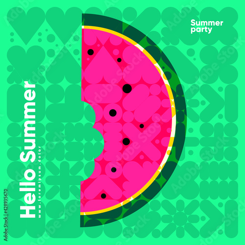 Watermelon. Summer. Flat vector illustration. Summer time, background patterns on the theme of summer, vacation, weekend, beach. Perfect background for posters, cover art, flyer, banner.