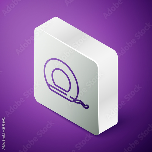 Isometric line Dental floss icon isolated on purple background. Silver square button. Vector