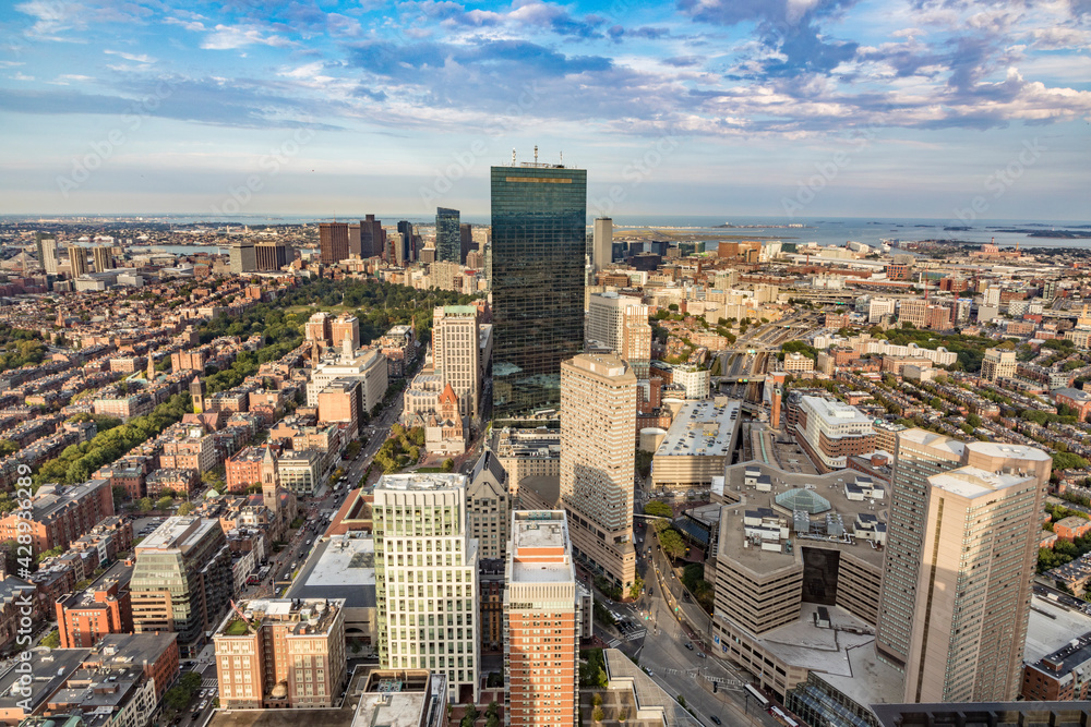 aerial view to skyline of Boston