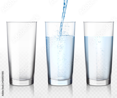 Set of transparent empty glass and glasses of water, isolated.
