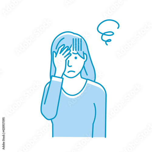 Vector illustration of a young woman squeezing head ( oh my god, headache )