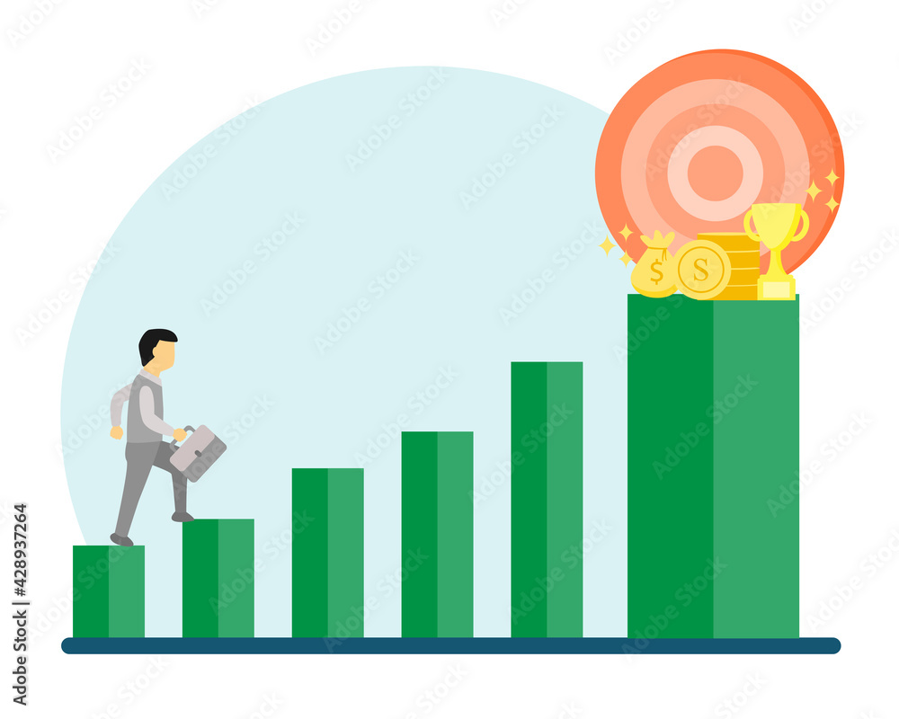 Businessman walking on bar chart to get money which is his target. Business goal concept Businessman walking on bar chart to get money which is his target. Business goal concept