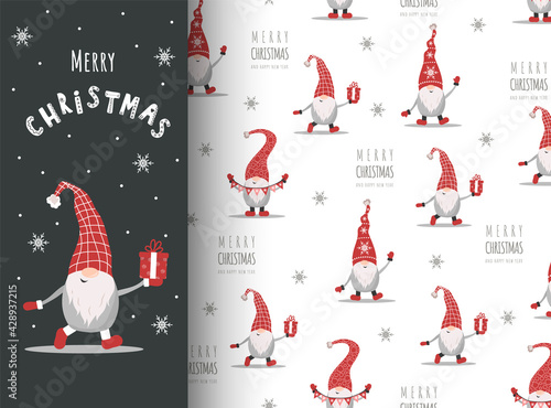 Christmas card with gnome in red hat. Cute scandinavian elves on seamless pattern. Vector illustration in cartoon style. New year design for wrapping paper, textiles, fabric.