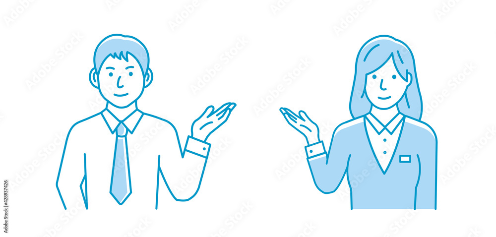 Vector illustration of a young man and woman introducing or navigating Vector illustration of a young man and woman introducing or navigating