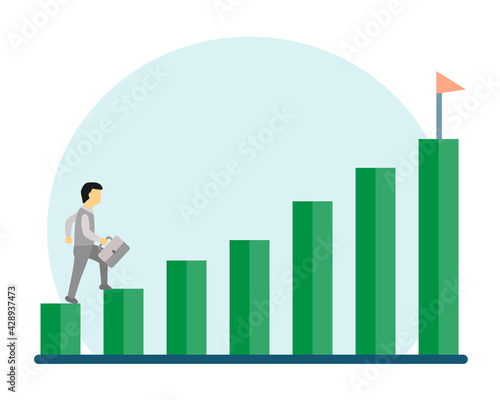 Businessman walking  to get on top of bar chart. Business goal concept
