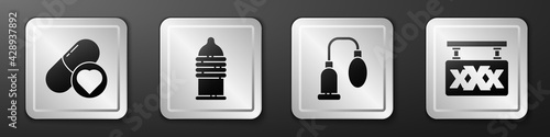 Set Pills for potency, aphrodisiac, Condom safe sex, Penis pump and Sex shop icon. Silver square button. Vector