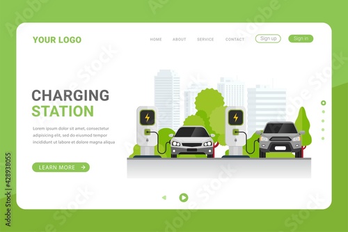 Landing page template car charging station for electric vehicle vector illustration