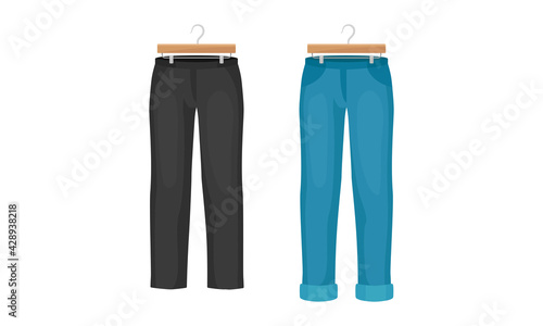 Man Clothing with Pair of Jeans and Black Trousers on Wooden Hanger Vector Set