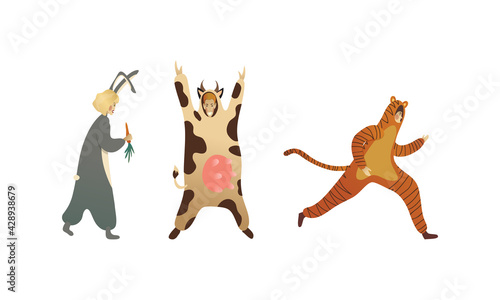 Man and Woman Character Animator Wearing Animal Costume Providing Entertainment in Masquerade or Party Vector Set