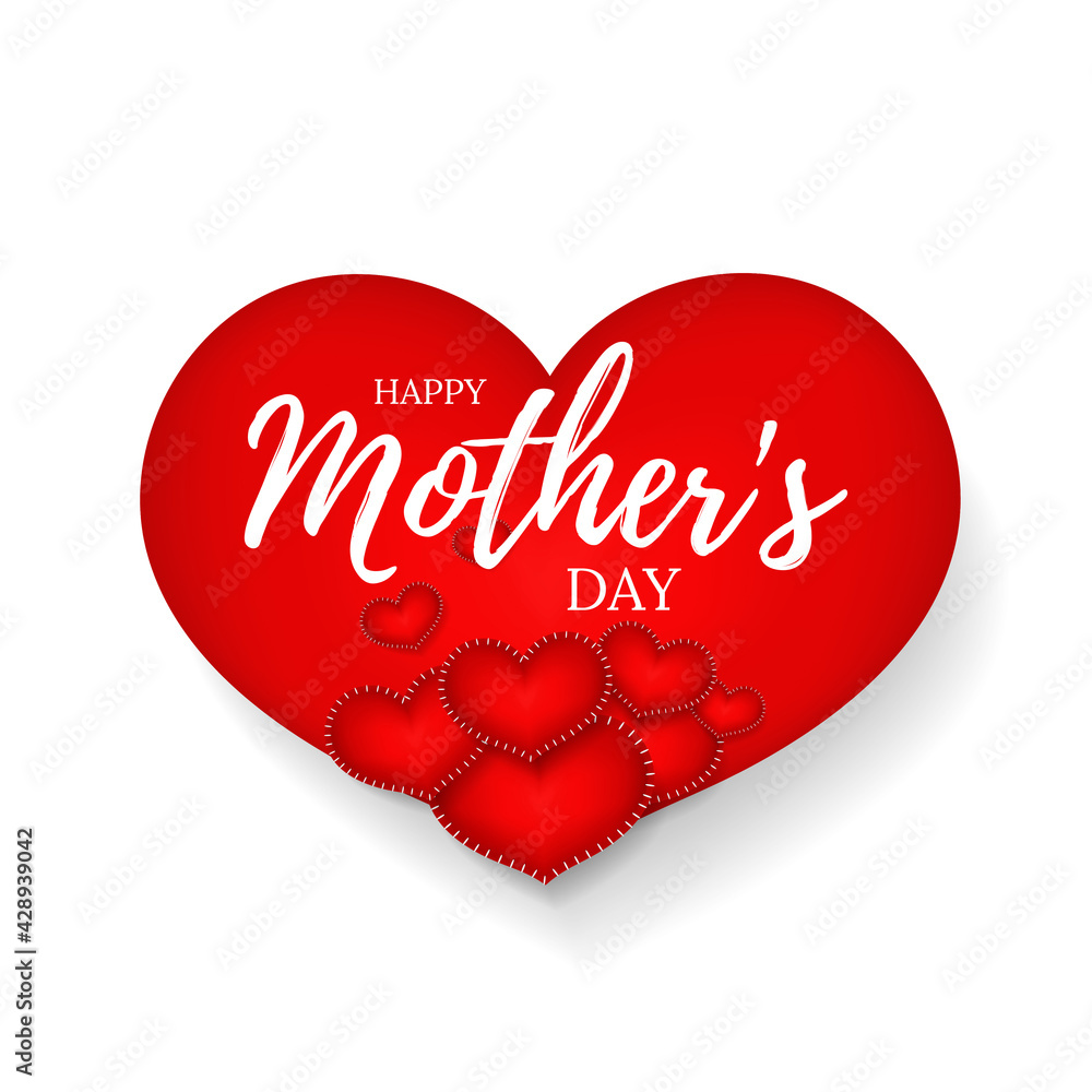 Happy Mother's Day greeting card, banner, poster, flyer, placard. Hand drawn calligraphy leetters on 3d red heart pattern and white background. Vector illustration.