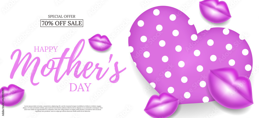 Happy Mother's Day greeting card, banner, poster, flyer, placard. Hand drawn calligraphy leetters and pink realistic 3d lips with heart on white background. Vector illustration.