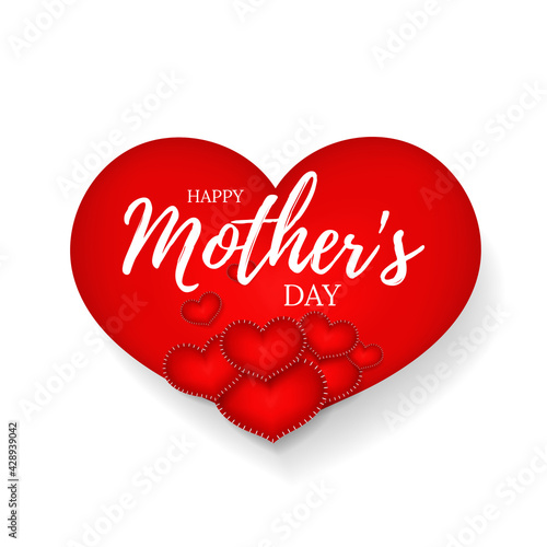 Happy Mother's Day greeting card, banner, poster, flyer, placard. Hand drawn calligraphy leetters on 3d red heart pattern and white background. Vector illustration.