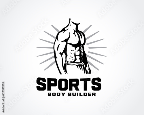 man body muscular fitness athlete gym logo design template vector illustration