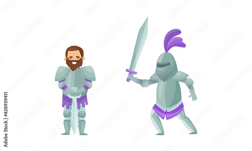 Knight from Middle Ages in Iron Armour Suit Holding Sharp Sword Vector Set