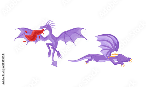 Fairy Fire Breathing Dragon with Wings and Long Tail Vector Set
