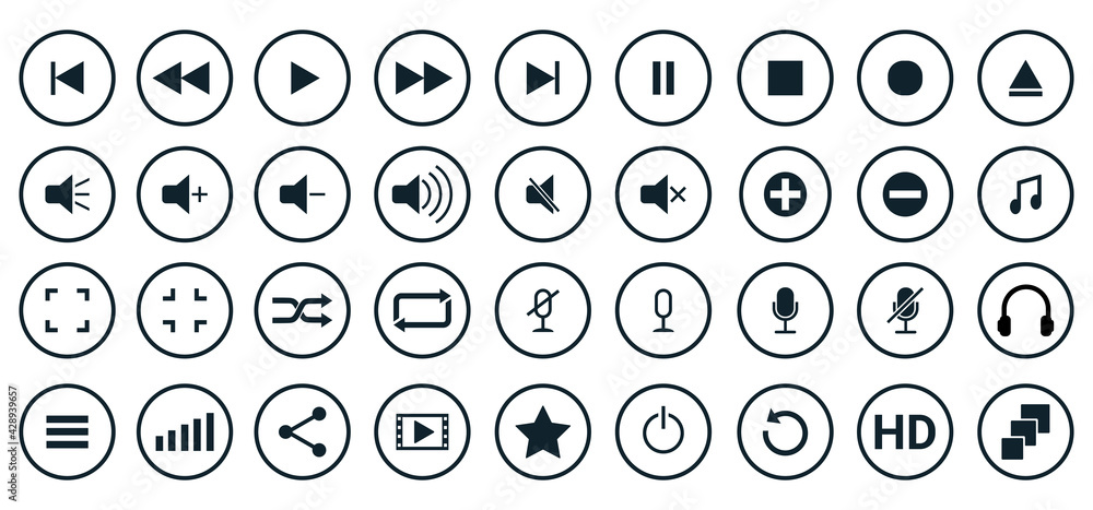 A set of round media player buttons.Navigation control buttons.It can be used in web design, infographics, and other types of design.Flat vector illustration.
