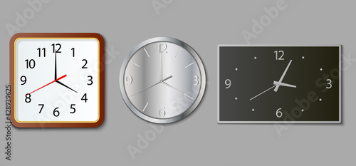 A set of round and square wall clocks in a realistic style.Round and rectangular wall clock with a shadow on a gray background.Time accuracy is a modern concept.Vector illustration.