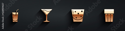 Set Cocktail, Martini glass, Glass of rum and with water icon with long shadow. Vector