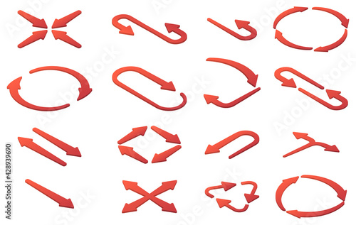 Isometric illustrations of red arrows in different directions.A set of three-dimensional icons isolated on a white background.3D objects.Vector illustration for banners websites ads and design element