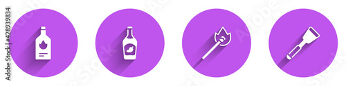 Set Tabasco sauce, Ketchup bottle, Burning match with fire and Spatula icon with long shadow. Vector