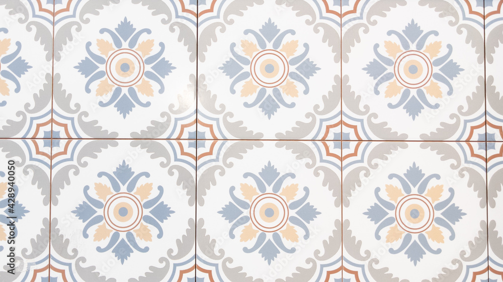 Seamless pattern with floral Azulejo patchwork mosaic tile wallpaper vintage retro background geometric
