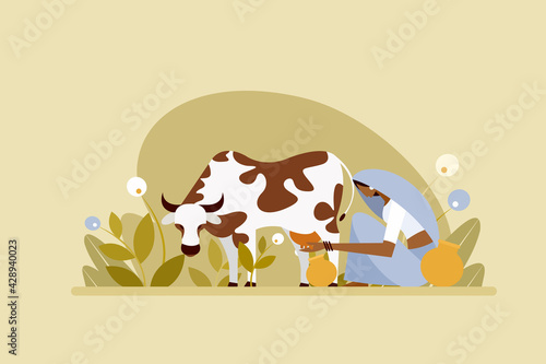 Illustration of an Indian village woman milking a cow in the outdoor