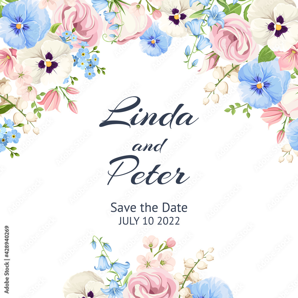 Vector invitation or greeting card with pink, blue and white pansy flowers, lisianthus flowers and forget-me-not flowers.