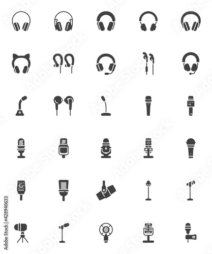 Headphones and microphone vector icons set