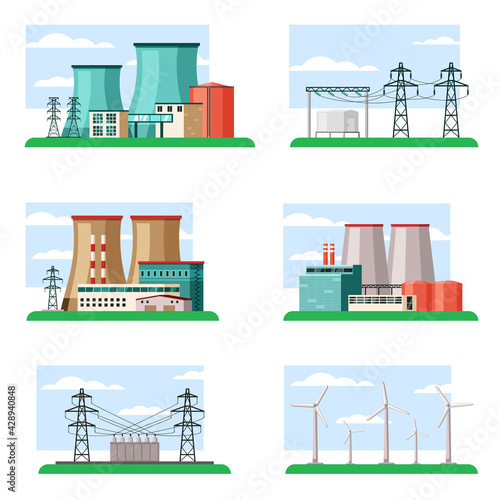 Industrial and ecological power plants set. Technological structures powerful pipes fueled nuclear fuel and coal substation containers connected iron poles safe wind turbines. Cartoon eco vector.