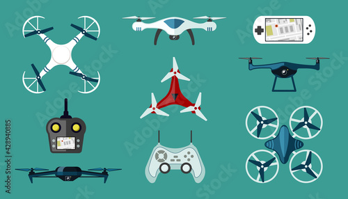 Technological drones set. Modern wireless quadcopters with red coloring white digital control panels with ability navigate delivery unmanned surveillance and video filming. Vector multicopter.