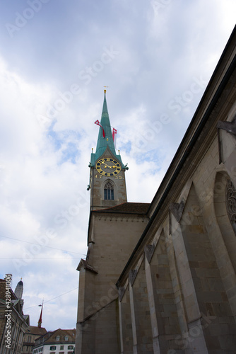 Tower of church Fraumnster (Women's Minster) at the old town of Zurich. Photo taken April 19th, 2021, Zurich, Switzerland. photo