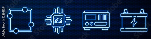 Set line Electrical measuring instruments, Electric circuit scheme, Processor with microcircuits CPU and Car battery. Glowing neon icon on brick wall. Vector