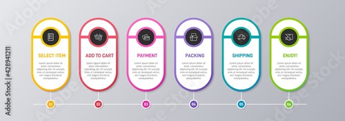 Concept of shopping process with 6 successive steps. Six colorful graphic elements. Timeline design for brochure, presentation, web site. Infographic design layout.