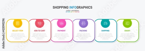 Concept of shopping process with 6 successive steps. Six colorful graphic elements. Timeline design for brochure, presentation, web site. Infographic design layout.